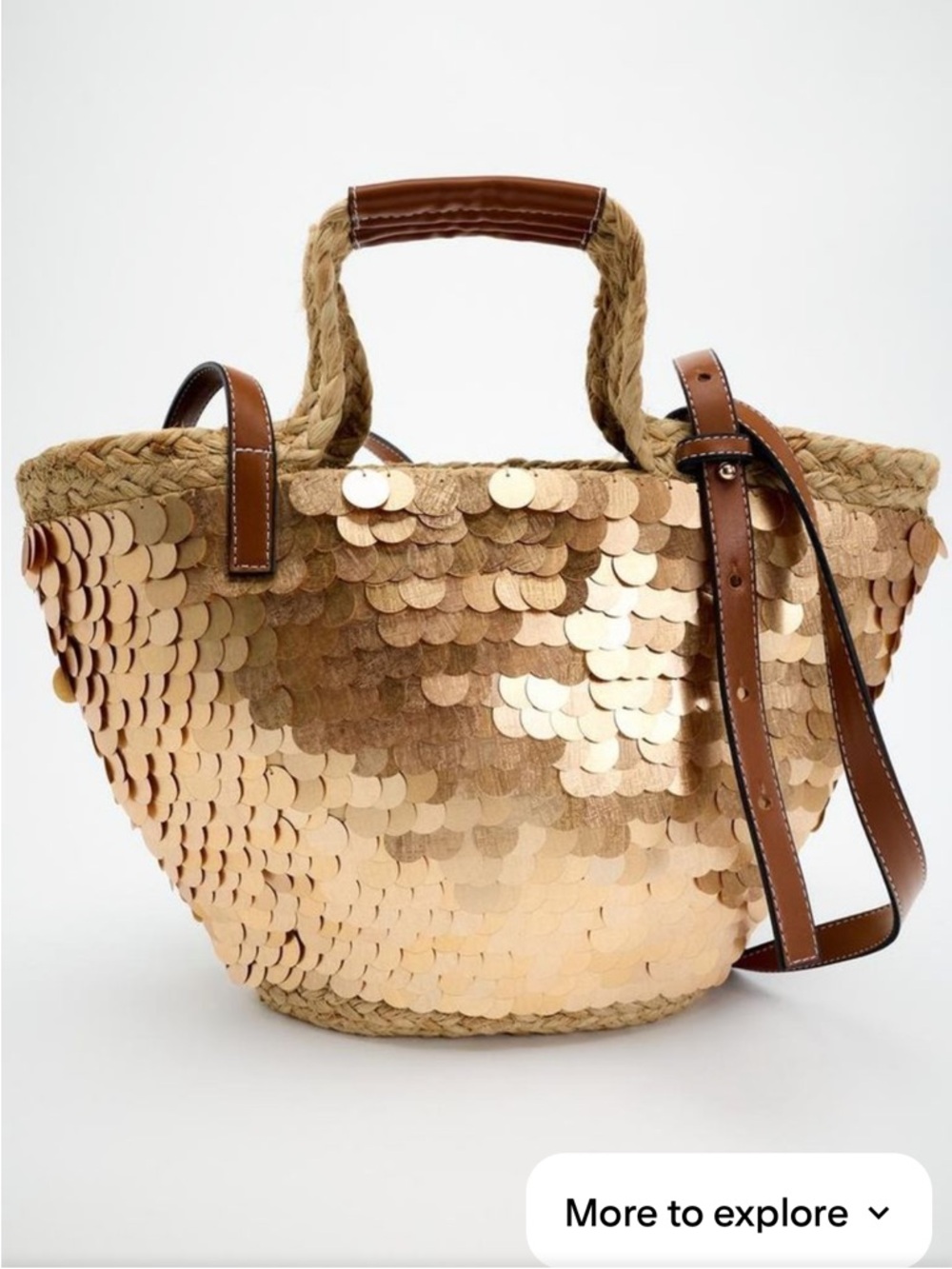 Zara Sequin Straw Tote Bag with Brown Straps - Gold, like new, unused